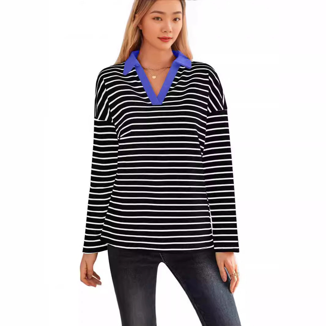 Damen gestreiftes Polo-Shirt mit V-Ausschnitt und kontrastierendem Kragen Drune