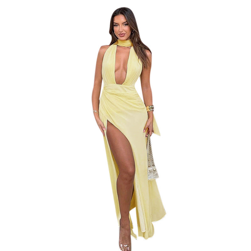 Damen Elegantes Maxikleid mit tiefem V-Ausschnitt und hohem Schlitz Drune