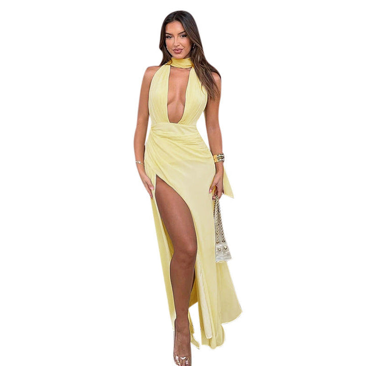 Damen Elegantes Maxikleid mit tiefem V-Ausschnitt und hohem Schlitz Drune