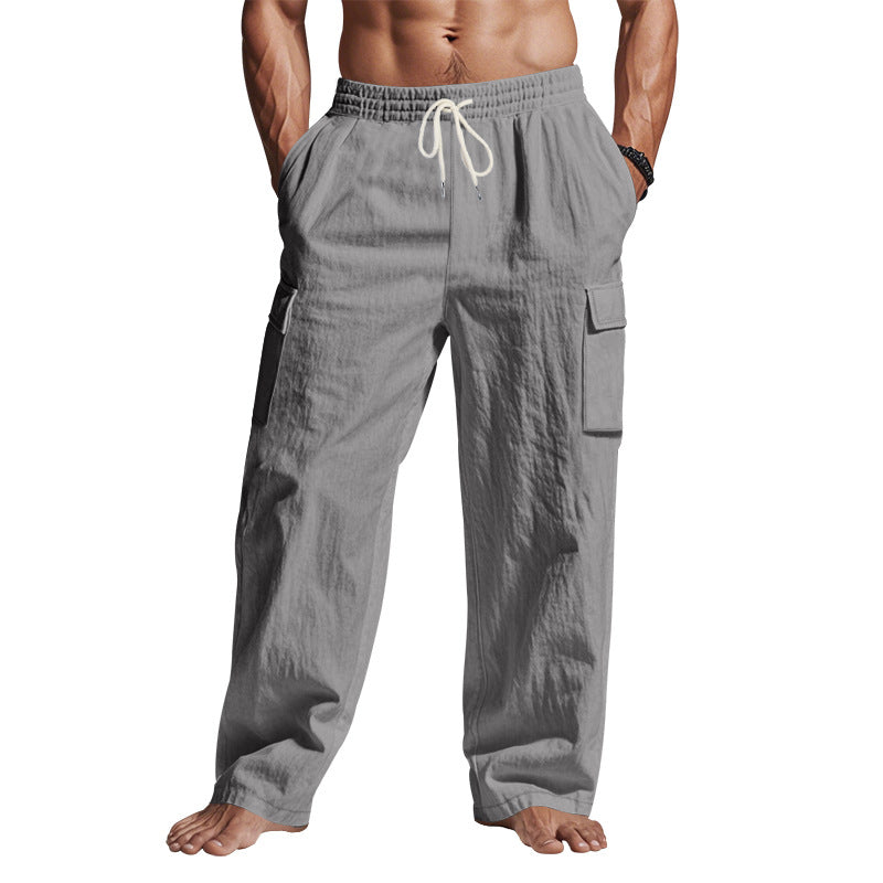 Herren nan lockere Leinen-Cargohose mit elastischem Tunnelzugbund und aufgesetzten Klappentaschen Drune