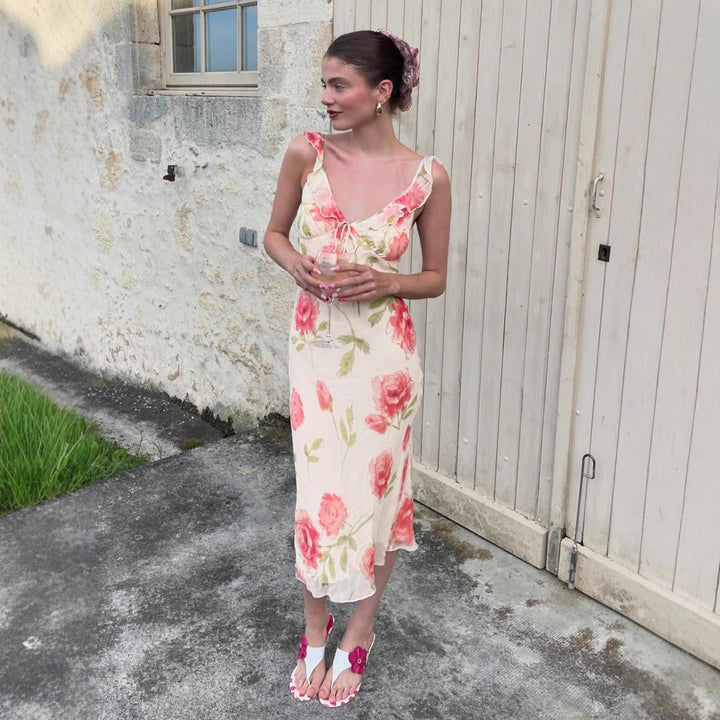 Damen Maxikleid mit floralem Cut-Out und feinen Spaghettiträgern Drune