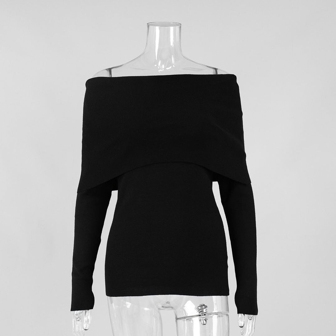 Damen schulterfreier Feinstrick-Pullover mit umlegbarem Carmenkragen Drune