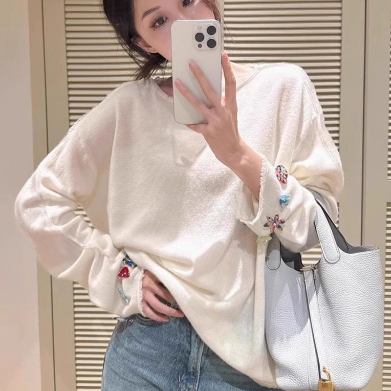 Damen Oversize-Feinstrickpullover mit schmuckbesetzten Ärmelabschlüssen Drune