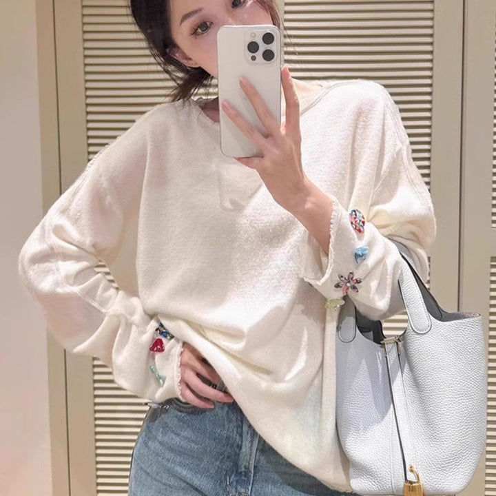 Damen Oversize-Feinstrickpullover mit schmuckbesetzten Ärmelabschlüssen Drune