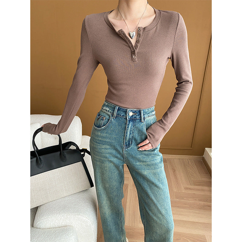 Damen Langarmshirt mit Knopfleiste im casual Stil Drune