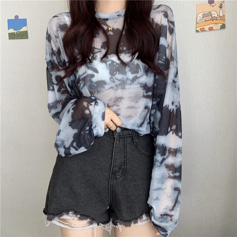Damen transparenter Longsleeve-Oberteil mit modernem Tie-Dye-Muster Drune