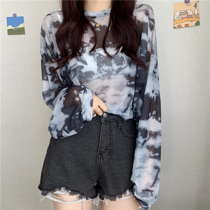 Damen transparenter Longsleeve-Oberteil mit modernem Tie-Dye-Muster Drune