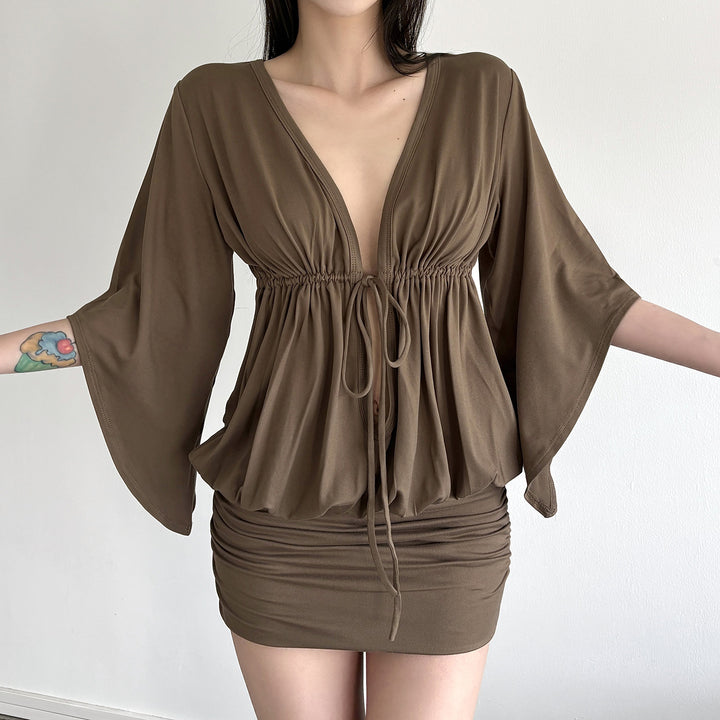 Damen Lockeres V-Ausschnitt-Tunika-Kleid mit Taillenschnürung, Kimonoärmeln und gerafftem Saum Drune