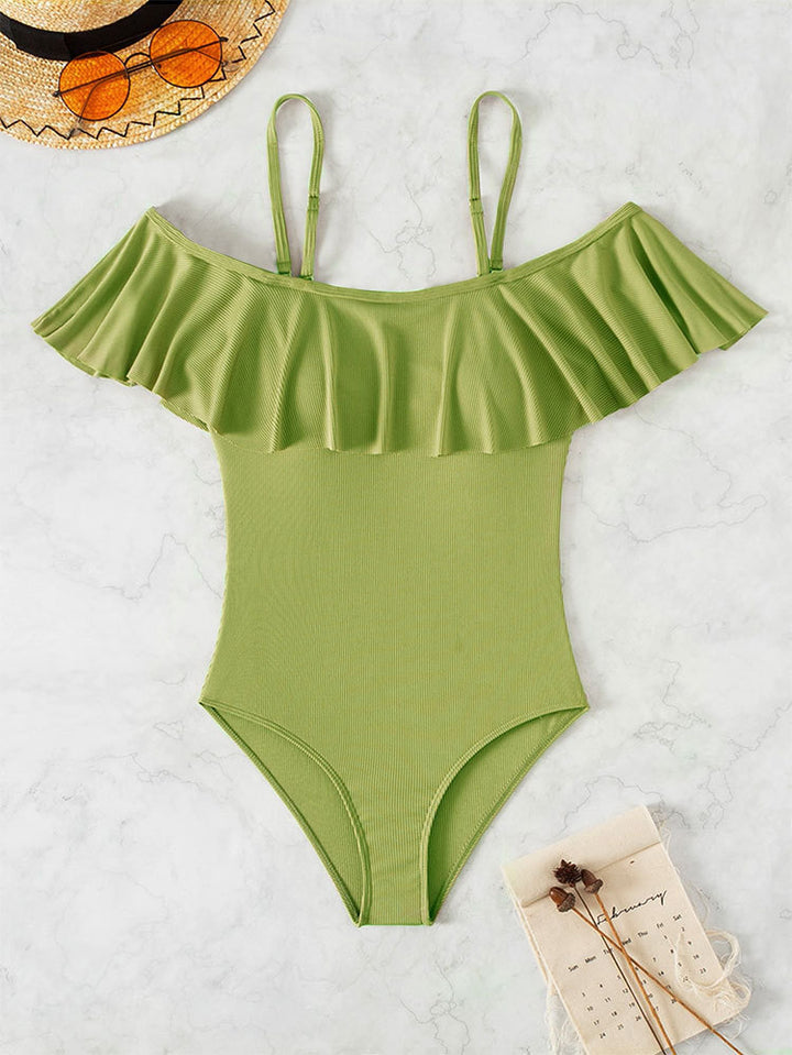 Damen Eleganter Badeanzug mit Volants und schulterfreier Ausschnitt Drune