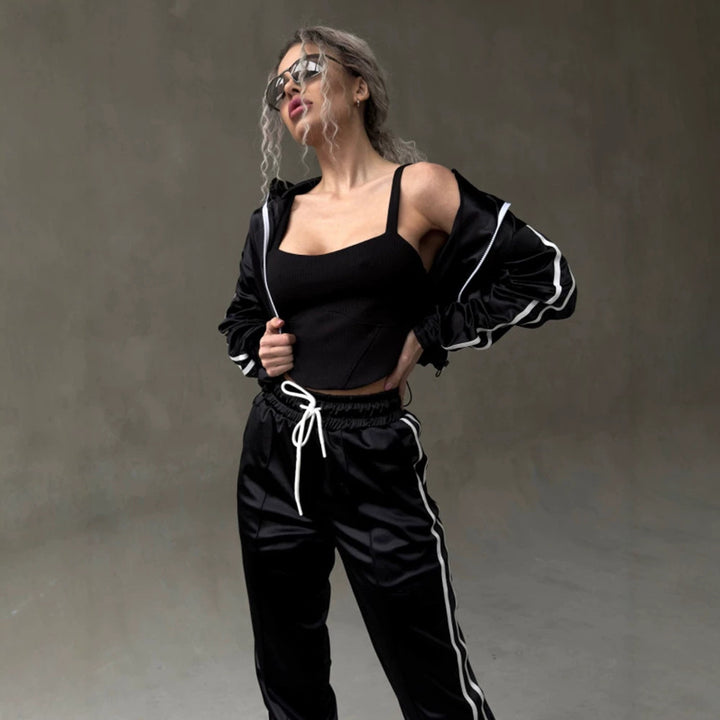 Damen glänzender Satin-Trainingsanzug mit Kontraststreifen, Reißverschlussjacke und Tunnelzughose Drune