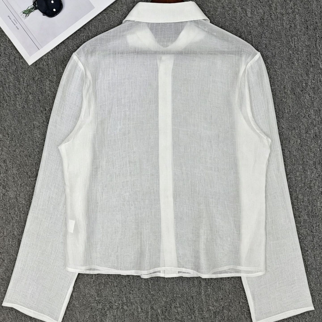 Damen Transparente Hemdbluse in Leinenoptik mit Kentkragen Drune