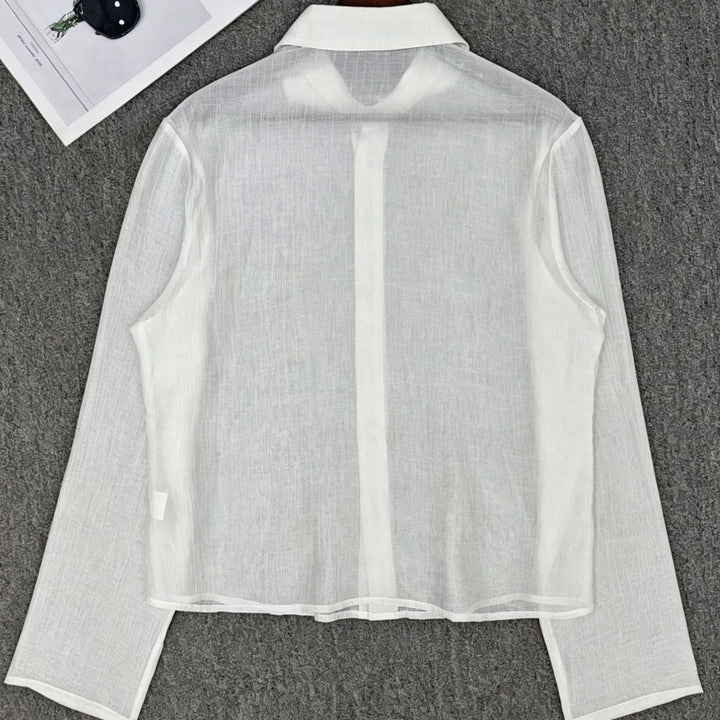 Damen Transparente Hemdbluse in Leinenoptik mit Kentkragen Drune
