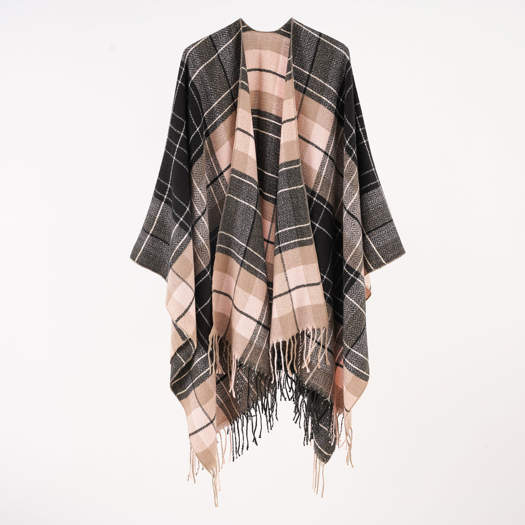 Damen Oversize-Wickelruana im Blockkaro mit Fransen-Detail Drune