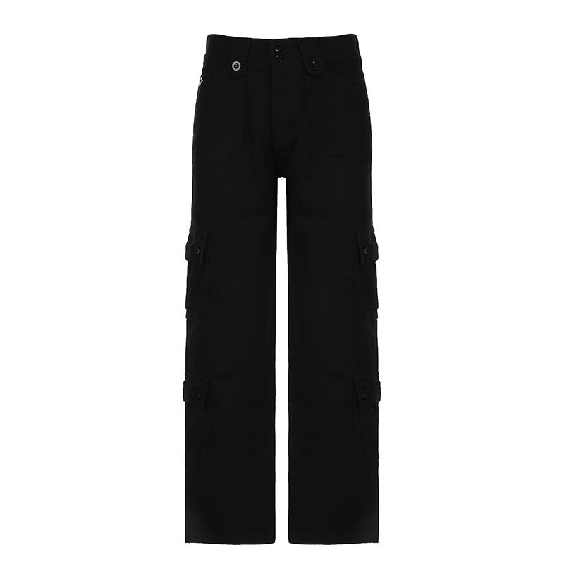 Damen nan hohe Taille Cargo-Hose mit geradem Bein, mehrfachen Klappentaschen und markanten Knopfdetails Drune