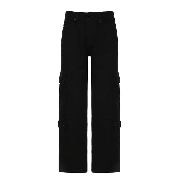 Damen nan hohe Taille Cargo-Hose mit geradem Bein, mehrfachen Klappentaschen und markanten Knopfdetails Drune