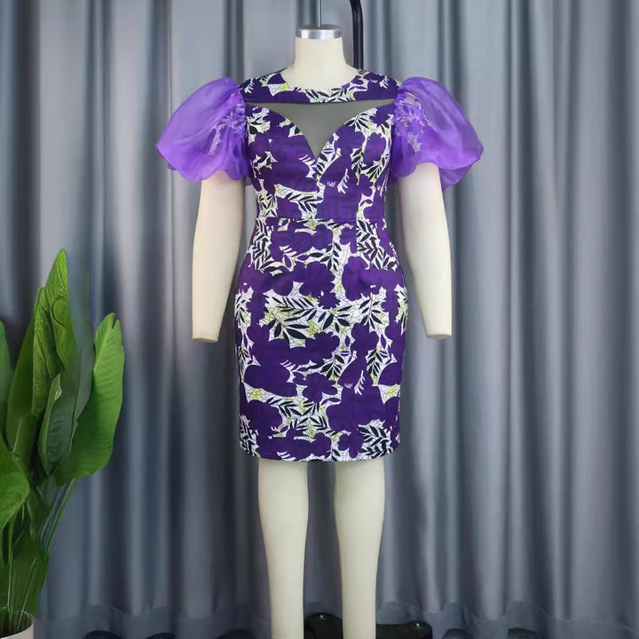 Damen extravagantes Cocktailkleid mit voluminösen Puffärmeln und floralem Muster Drune