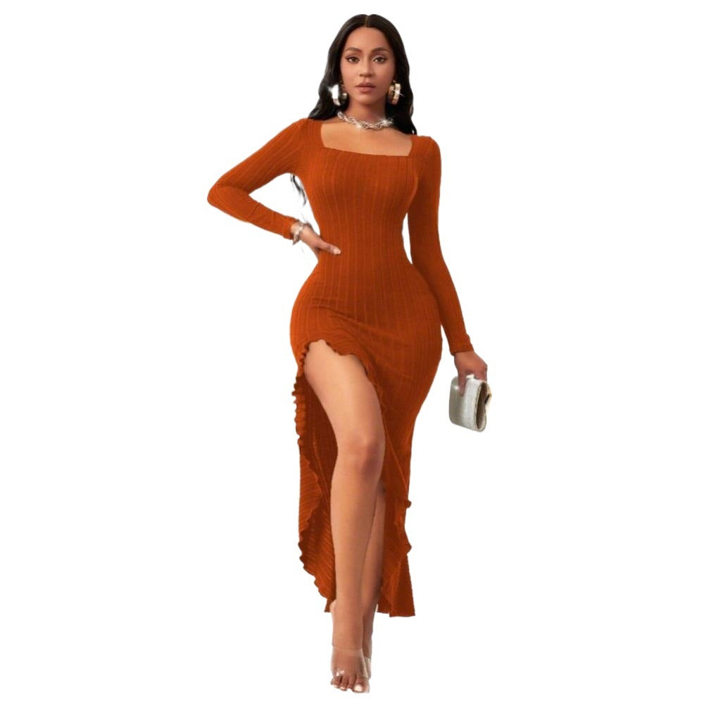 Damen figurbetontes geripptes Maxikleid mit Quadratausschnitt langen Ärmeln und asymmetrischem Volant‑Schlitz Drune