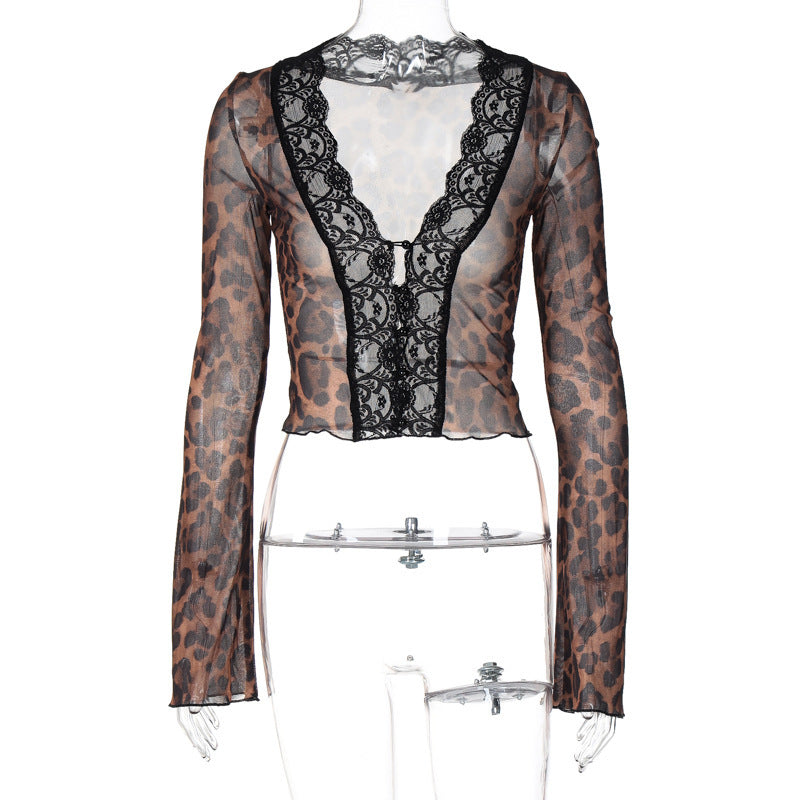 Damen Spitzenbluse mit Leopardenmuster und tiefem V-Ausschnitt Drune
