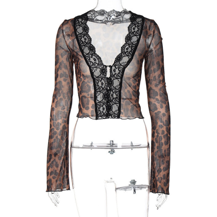 Damen Spitzenbluse mit Leopardenmuster und tiefem V-Ausschnitt Drune