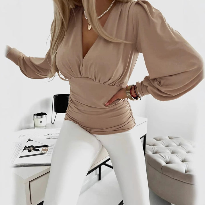 Damen nan drapierte Satinbluse mit Unterbrustnaht, seitlicher Raffung und voluminösen Ballonärmeln Drune