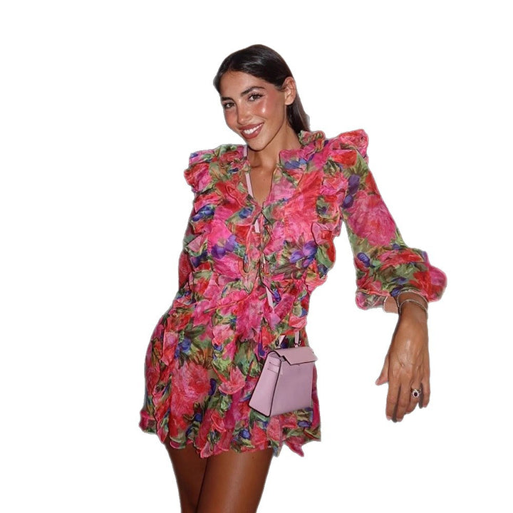 Damen Florales Chiffon-Minikleid mit Schnürkorsett, Volants und ausgestellten Ärmeln Drune