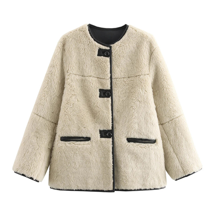 Damen nan kurzer Teddy-Manteljacke im Boxy-Cut mit kontrastpaspeln, Druckknopf- und Zierriegel-Detail Drune