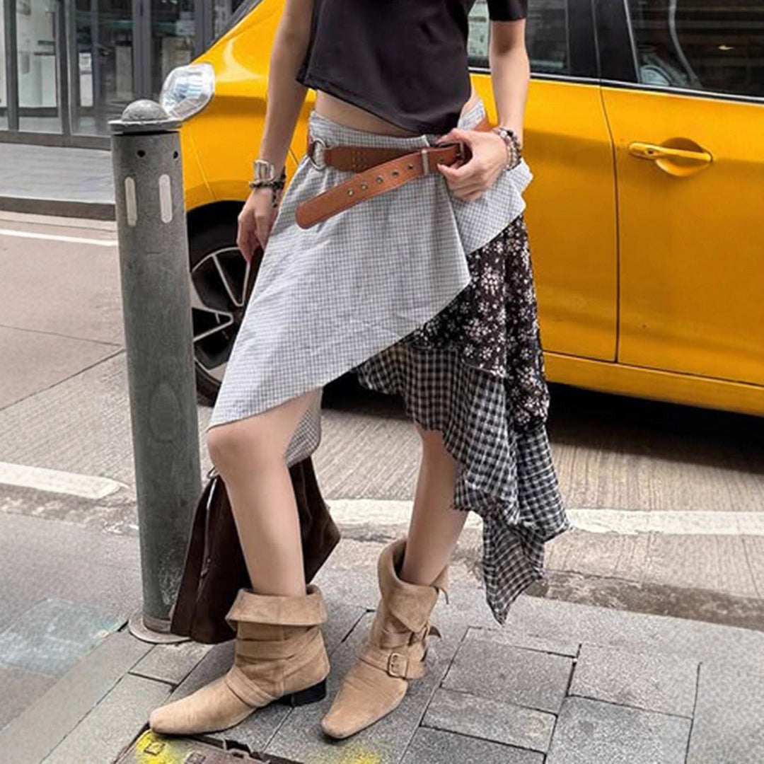 Damen asymmetrischer Rock mit floralen und karierten Mustern Drune