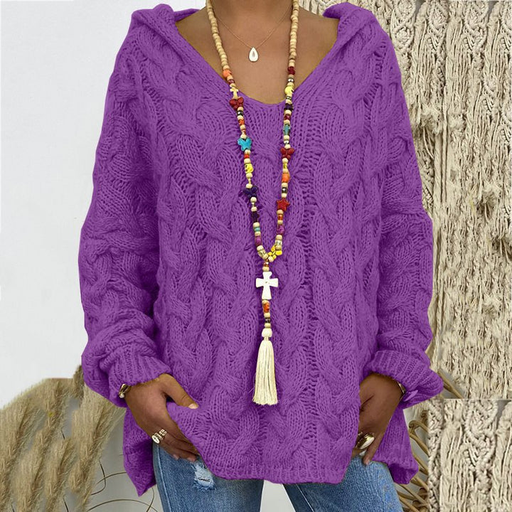 Damen Oversized Zopfmuster-Strickpullover mit Kapuze und lässigem V‑Ausschnitt Drune