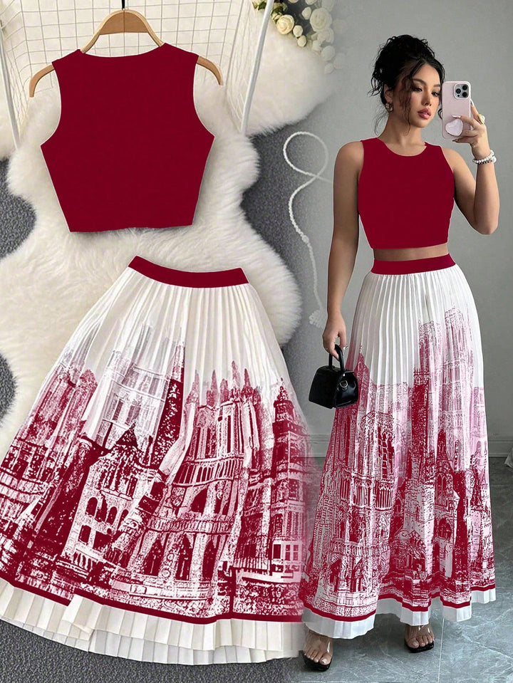 Damen-Set aus ärmellosem Crop-Top und weitschwingendem Maxirock im urbanen Design Drune