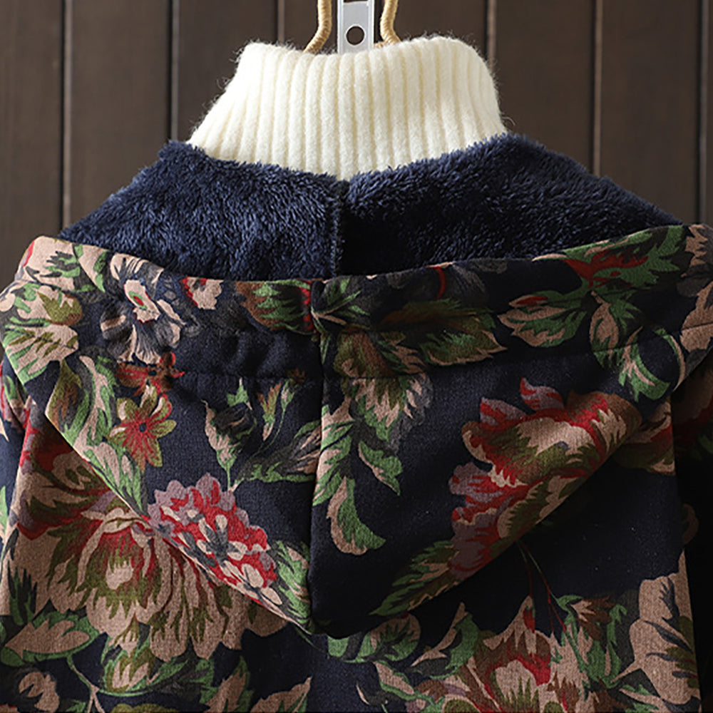 Drune | Langer Mantel im Vintage-Stil mit Blumendruck