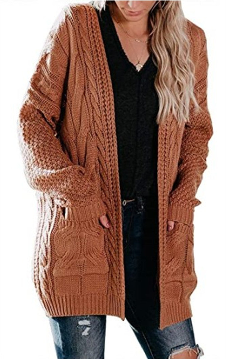 Damen Grobstrick Cardigan mit offenen Taschen und voluminösen Ärmeln Drune