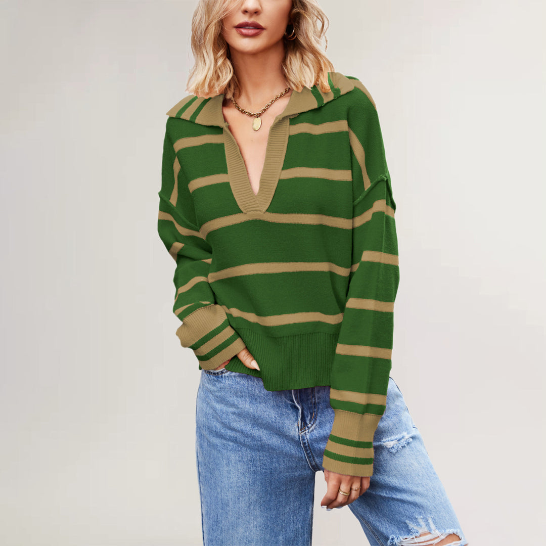 Damen lässiger Pullover mit V-Ausschnitt und gestreiftem Design Drune