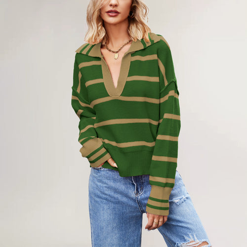Damen lässiger Pullover mit V-Ausschnitt und gestreiftem Design Drune