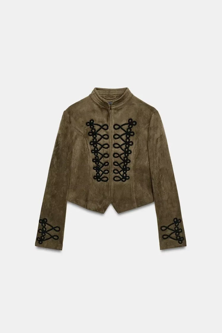 Damen Kurze Velourslederjacke im Military‑Look mit Stehkragen und dekorativen Kordelapplikationen Drune