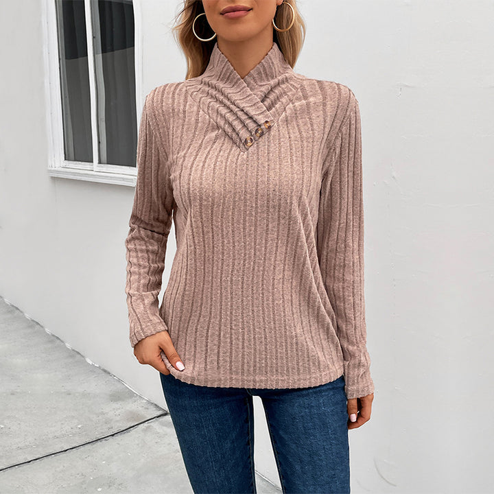 Damen Gerippter Feinstrickpullover mit überlappendem Stehkragen Drune