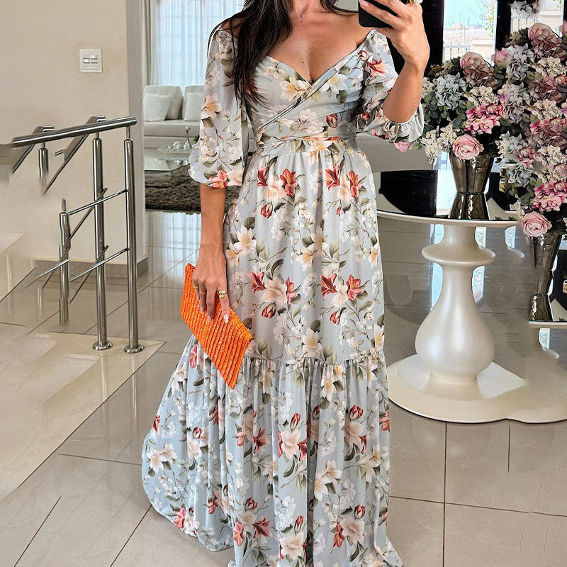 Damen Florales Maxikleid mit schulterfreiem Design und Rüschensaum Drune
