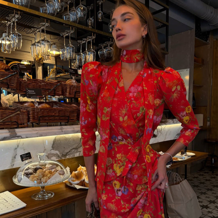 Damen Wickel-Maxikleid mit floralem Print, Puffärmeln und Schalkragen Drune