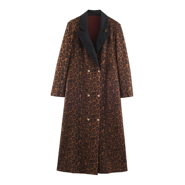 Damen Doppelreihiger Mantel mit Leopardenmuster und Satin-Schalkragen Drune