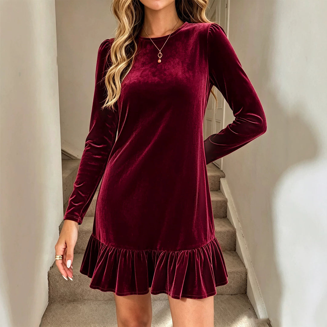 Damen Samt-Minikleid mit langen Ärmeln gerafftem Volantsaum und Puffschultern Drune