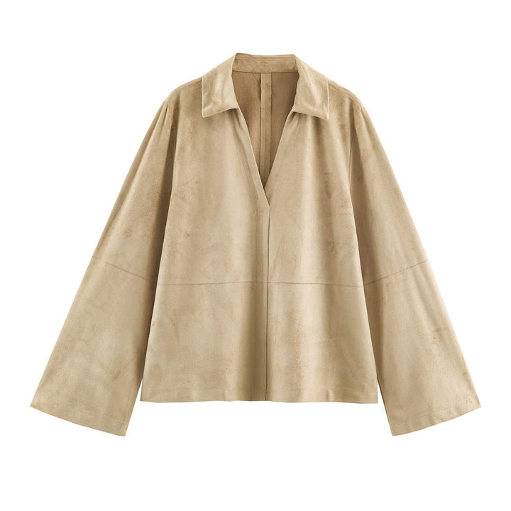 Damen Oversize-Wildlederoptik Jacke mit tiefem V‑Ausschnitt und Hemdkragen Drune