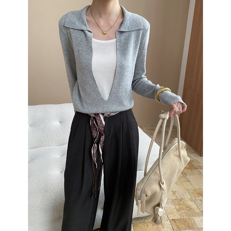 Damen eleganter Pullover mit tiefem Ausschnitt und feinen Details Drune