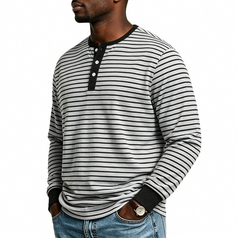 Herren Gestreiftes Langarm-Henleyshirt aus Baumwollmischung mit Knopfleiste Drune