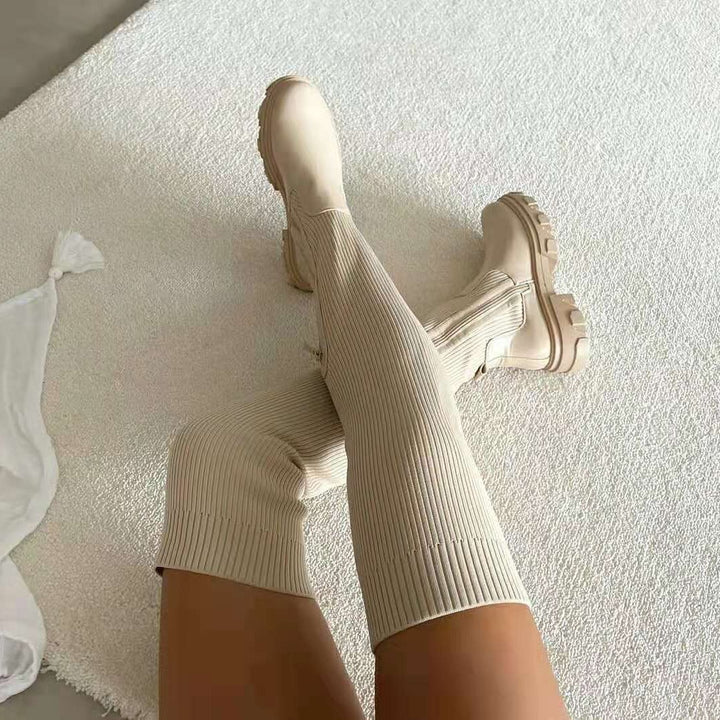 Damen knielange Strickschaft-Chelsea-Boots mit kontrastfarbiger Profilsohle Drune
