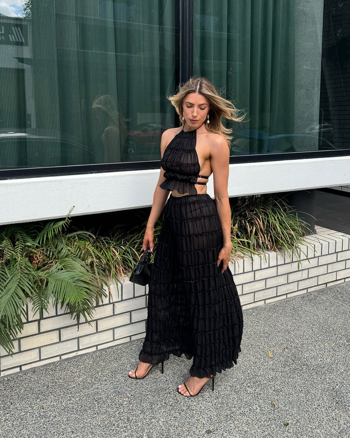Damen elegantes Maxikleid mit Rüschendetails und Cut-Out-Elementen Drune