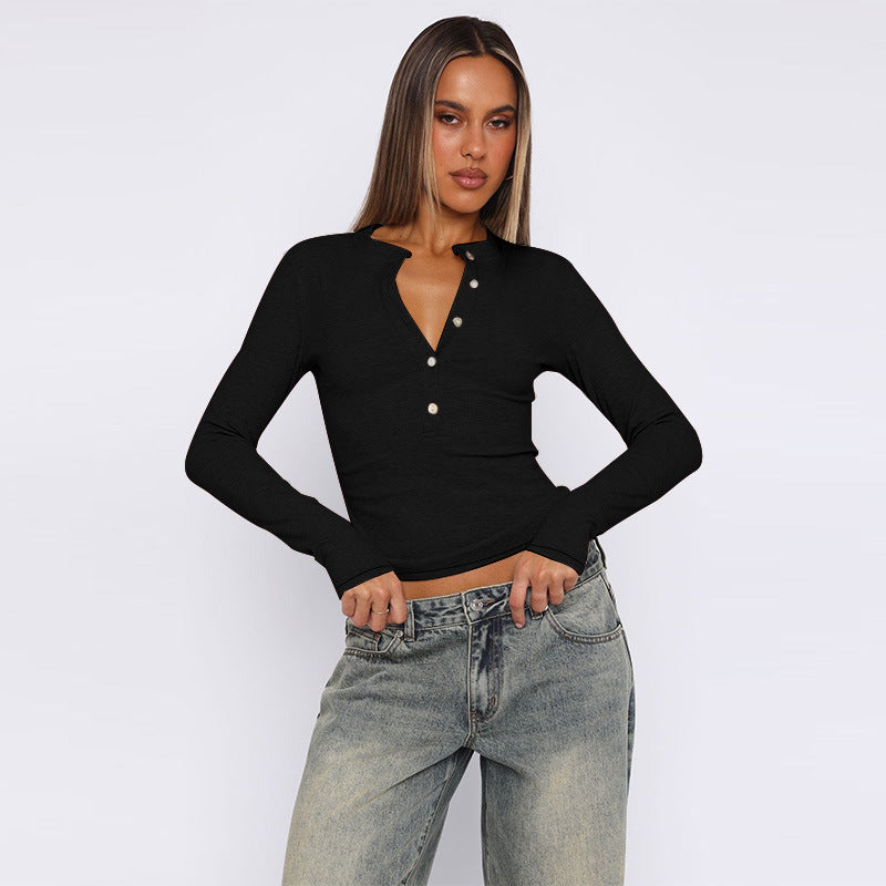 Damen Figurbetontes geripptes Henley-Longsleeve mit Knopfleiste Drune