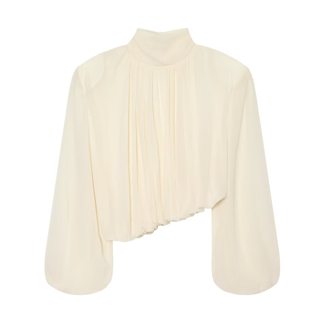 Damen Plissierte Bluse mit Stehkragen und Ballonärmeln Drune