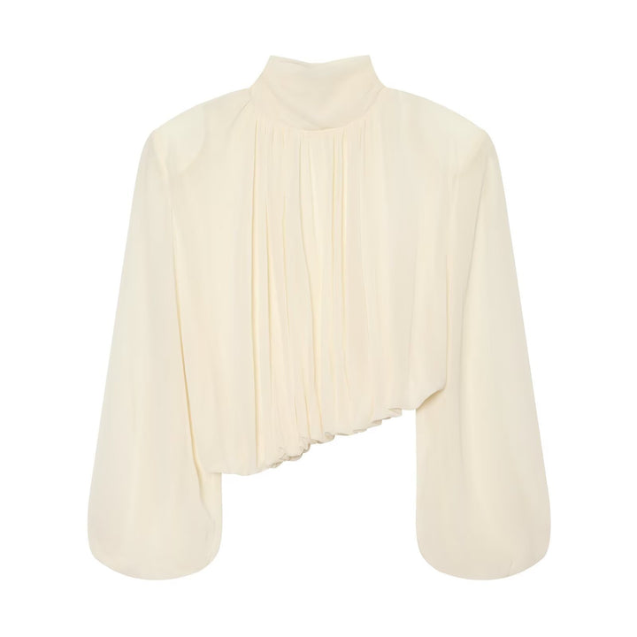 Damen Plissierte Bluse mit Stehkragen und Ballonärmeln Drune