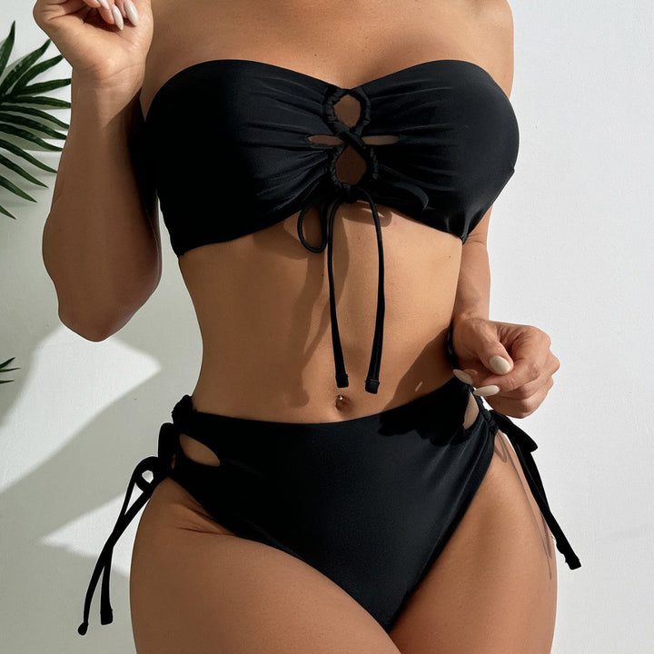 Damen hochgeschnittener Bandeau-Bikini mit eleganten Raffungselementen Drune