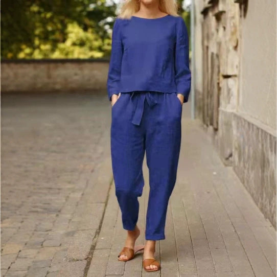 Damen Lässiges Leinen-Loungewear-Set mit Rundhalsausschnitt, Bindegürtel und knöchellanger Hose Drune