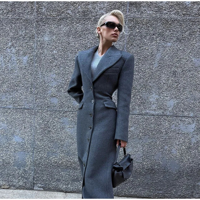 Damen Eleganter Wollmantel mit tailliertem Schnitt und langen Ärmeln Drune